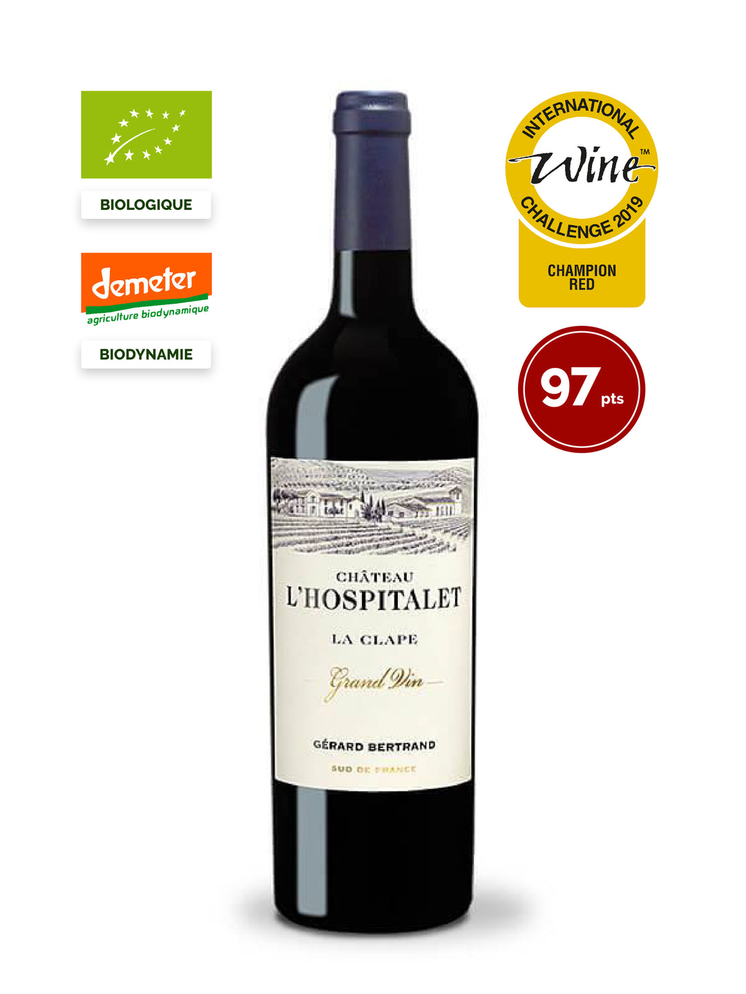 chateau l'hospitalet grand vin rouge la clape 2017 vin bio biodynamie meilleur vin rouge du monde IWC red wine trophy