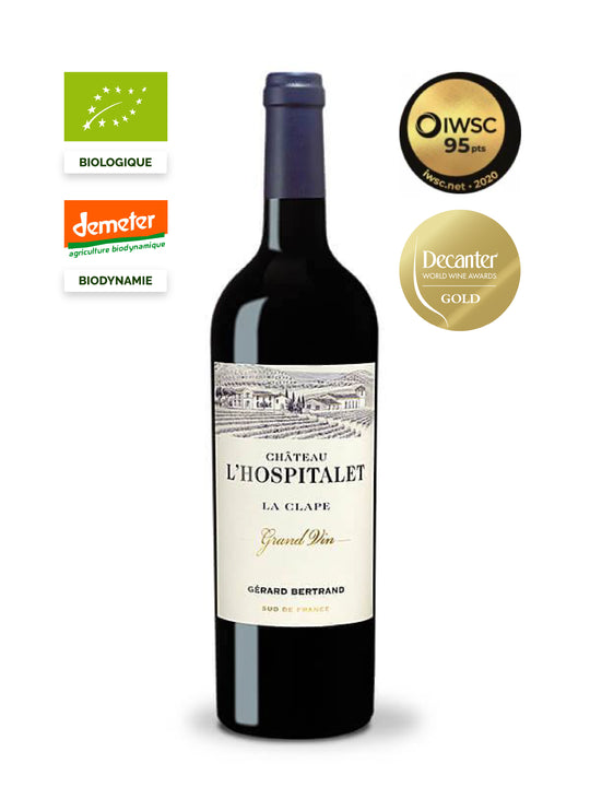 chateau l'hospitalet grand vin rouge la clape 2018 vin bio biodynamie or decanter 95 IWSC